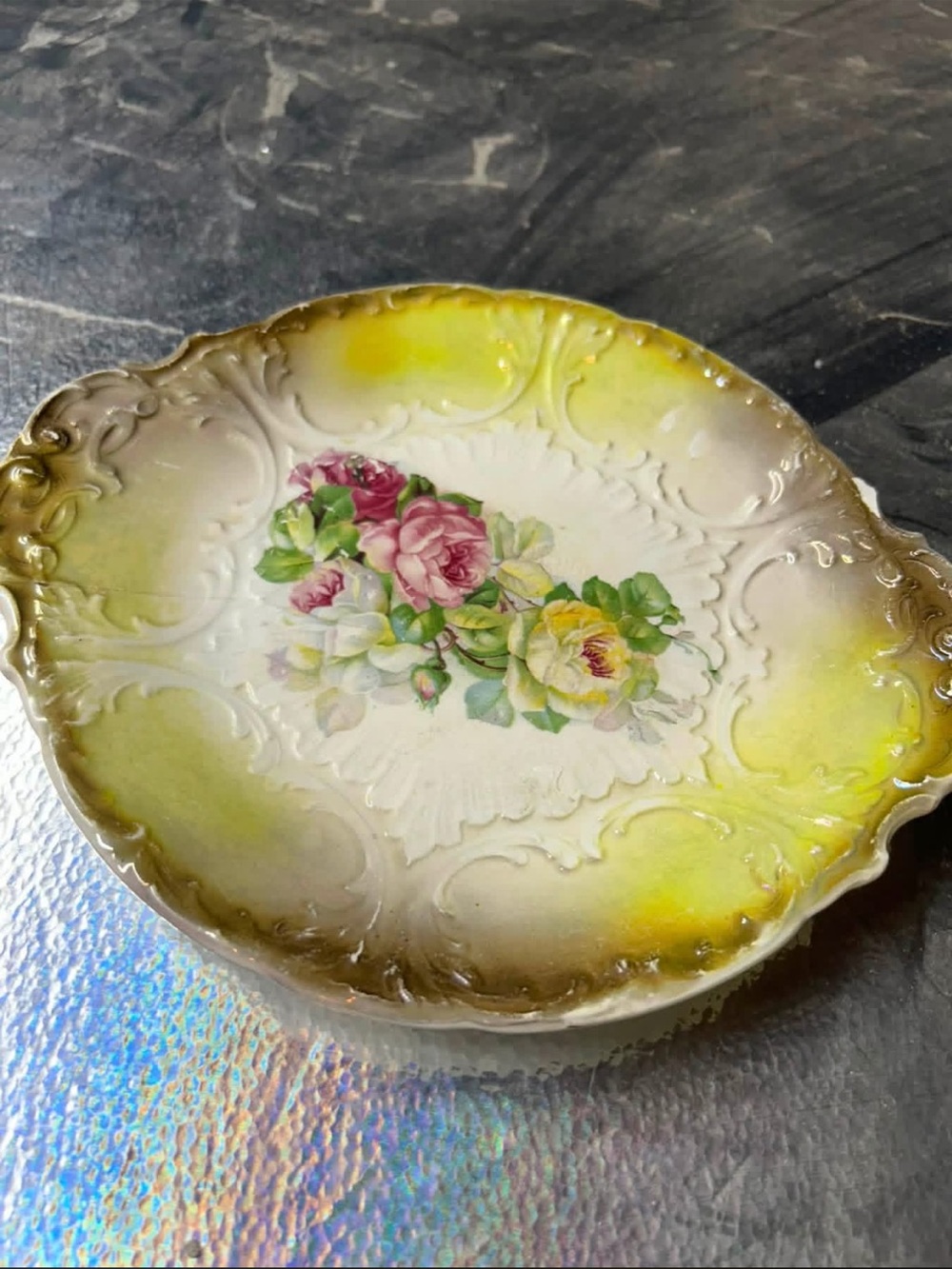 Vintage Floral Decorative Dish in Yellow and Green